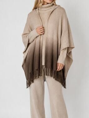 MINNIE ROSE 100% Cashmere Hooded Ombre Fringe Ruana Poncho Wrap Cape Sweater